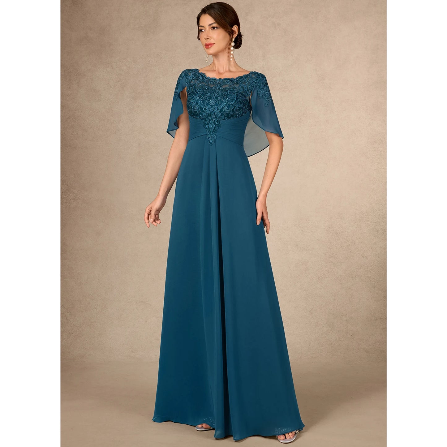 Elegant A-Line Boat Neck Cape Sleeve Embroidered Teal Floor-Length Mother of the Bride Gown