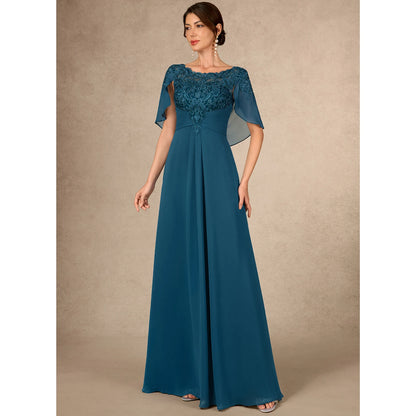 Elegant A-Line Boat Neck Cape Sleeve Embroidered Teal Floor-Length Mother of the Bride Gown