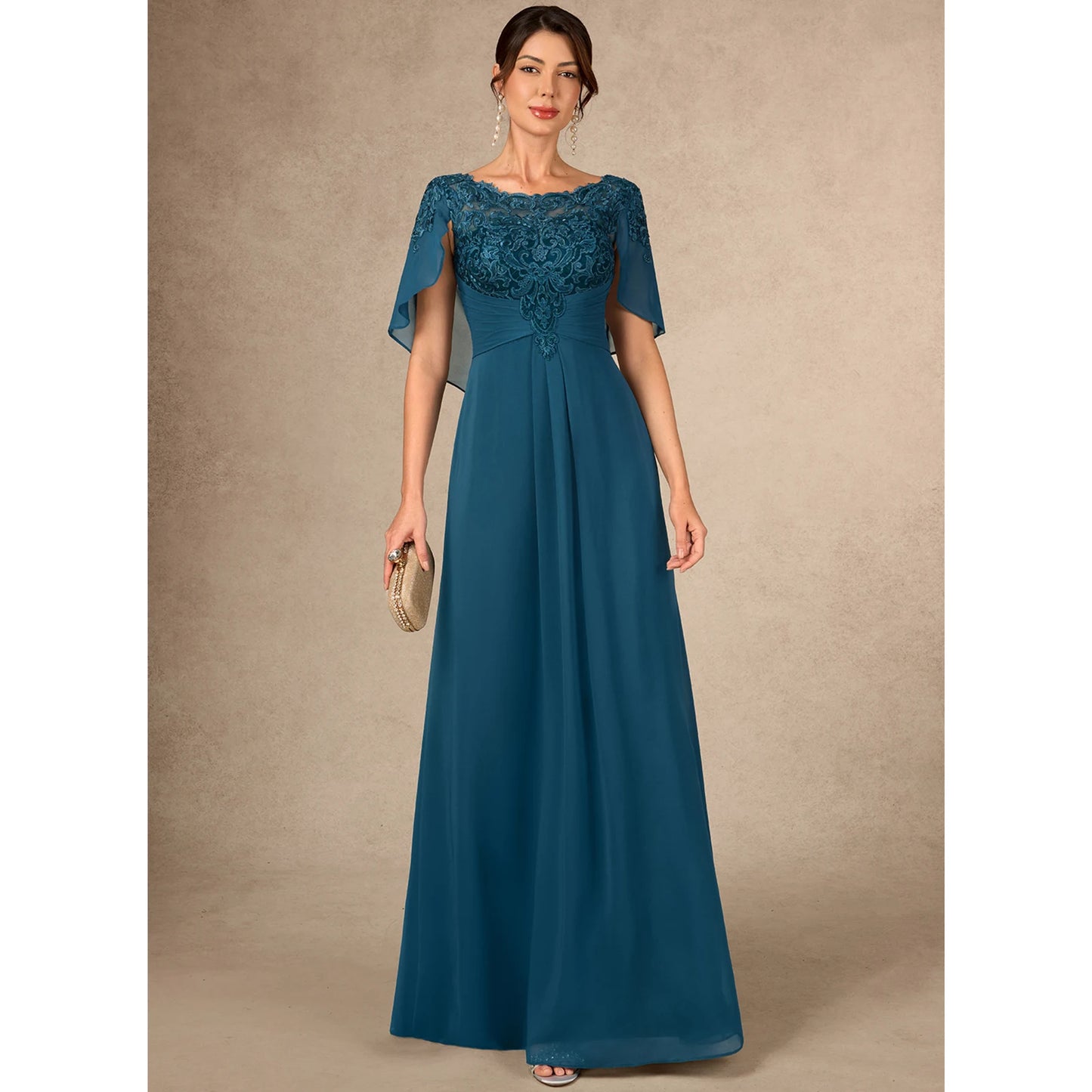 Elegant A-Line Boat Neck Cape Sleeve Embroidered Teal Floor-Length Mother of the Bride Gown