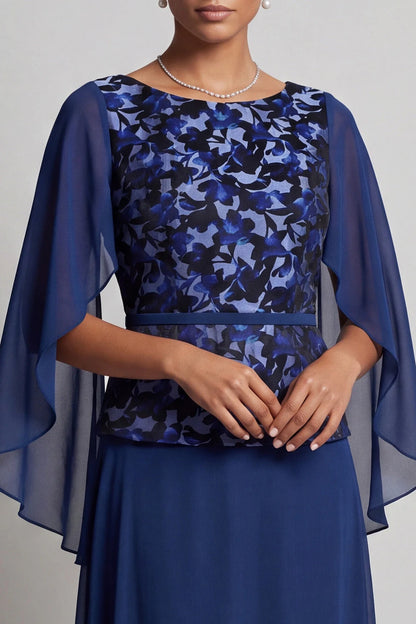 Elegant A-Line Boat Neck Cape Sleeve Floral Royal Blue Floor-Length Prom Gown