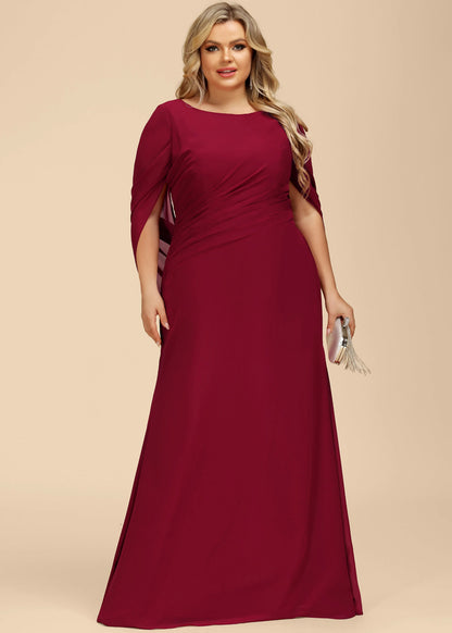 Elegant A-Line Boat Neck Cape Sleeve Ruched Burgundy Floor-Length Mother Of The Bride Dress