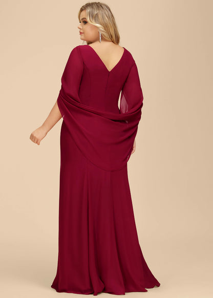 Elegant A-Line Boat Neck Cape Sleeve Ruched Burgundy Floor-Length Mother Of The Bride Dress
