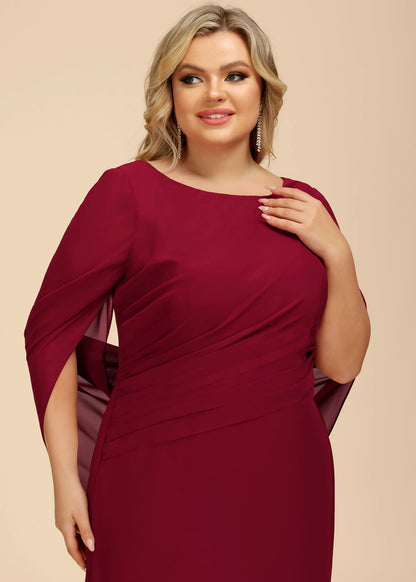 Elegant A-Line Boat Neck Cape Sleeve Ruched Burgundy Floor-Length Mother Of The Bride Dress