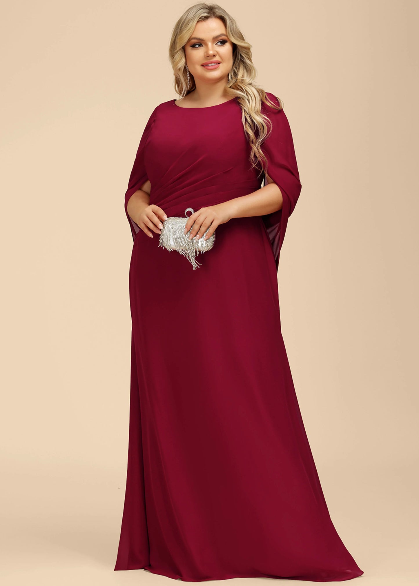 Elegant A-Line Boat Neck Cape Sleeve Ruched Burgundy Floor-Length Mother Of The Bride Dress