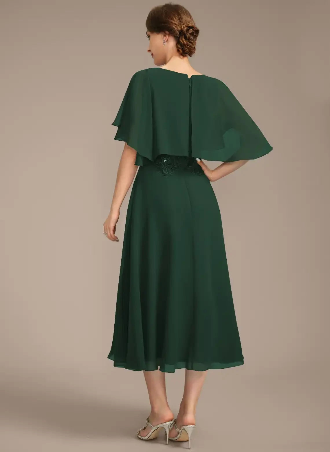 Elegant A-Line Boat Neck Cape Sleeve Sequin Dark Green Mother Of The Bride Dress