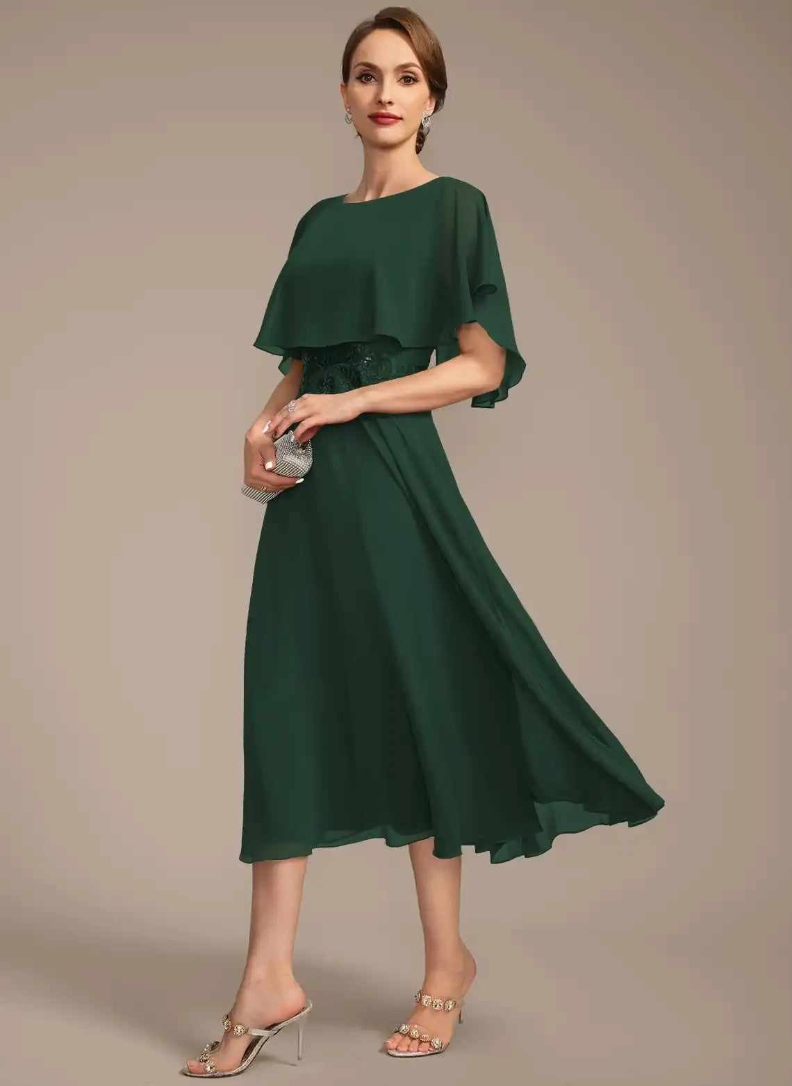 Elegant A-Line Boat Neck Cape Sleeve Sequin Dark Green Mother Of The Bride Dress