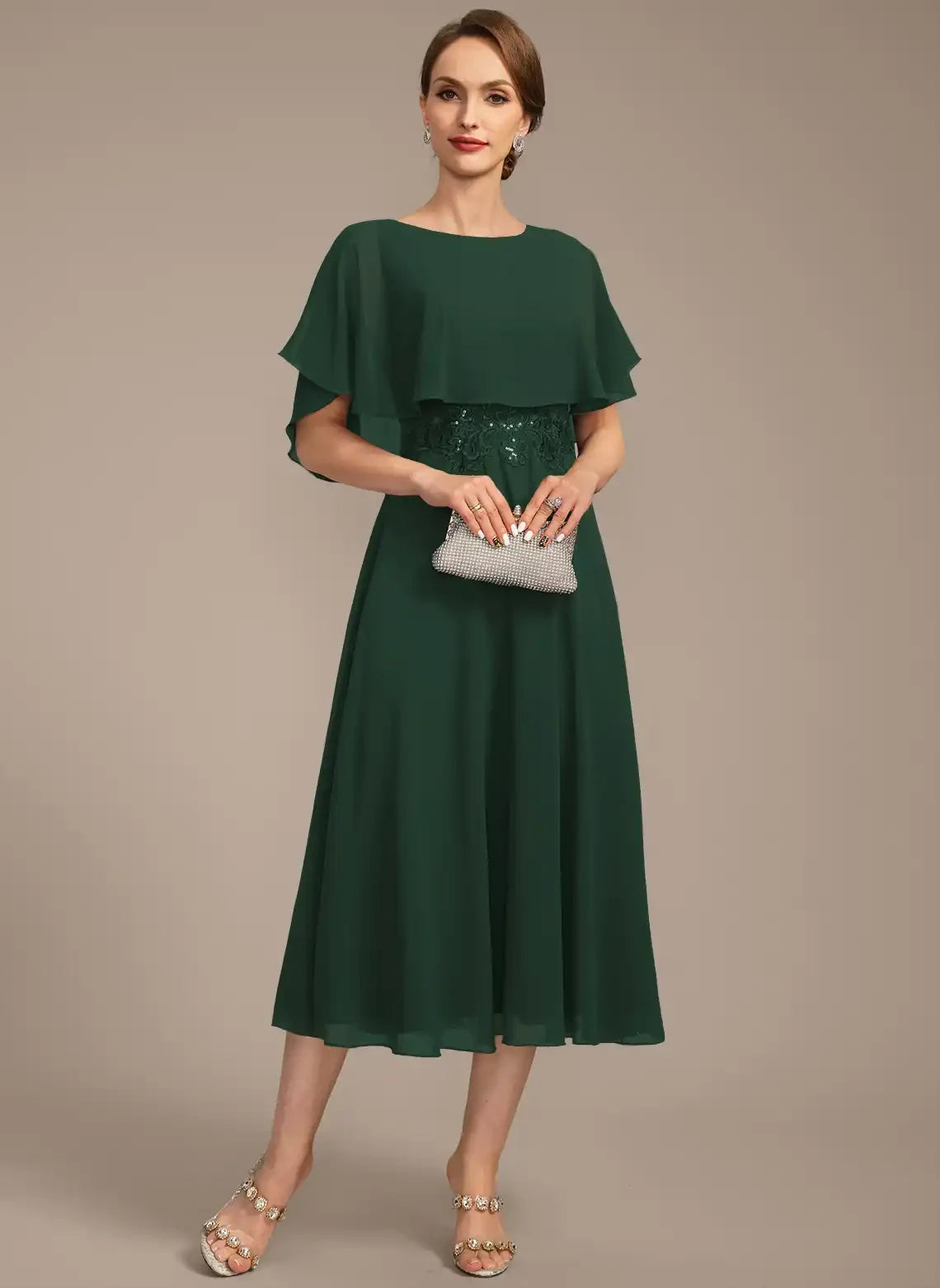 Elegant A-Line Boat Neck Cape Sleeve Sequin Dark Green Mother Of The Bride Dress