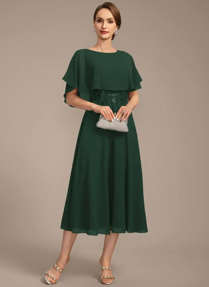 Elegant A-Line Boat Neck Cape Sleeve Sequin Dark Green Mother Of The Bride Dress