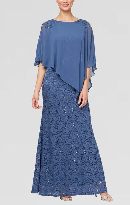 Elegant A-Line Boat Neck Cold Shoulder Chiffon Sequin Silver Grey Floor-Length Mother of the Bride Dress