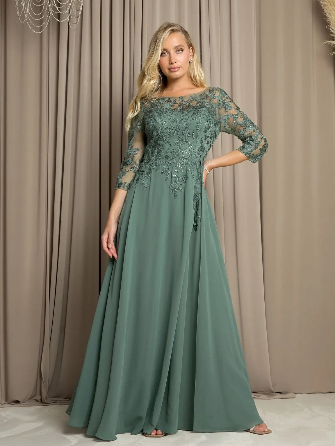 Elegant A-Line Boat Neck Embroidered Sage Green Mother of the Bride Dress