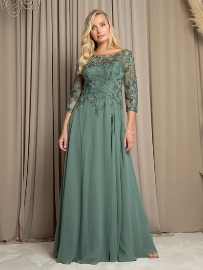 Elegant A-Line Boat Neck Embroidered Sage Green Mother of the Bride Dress