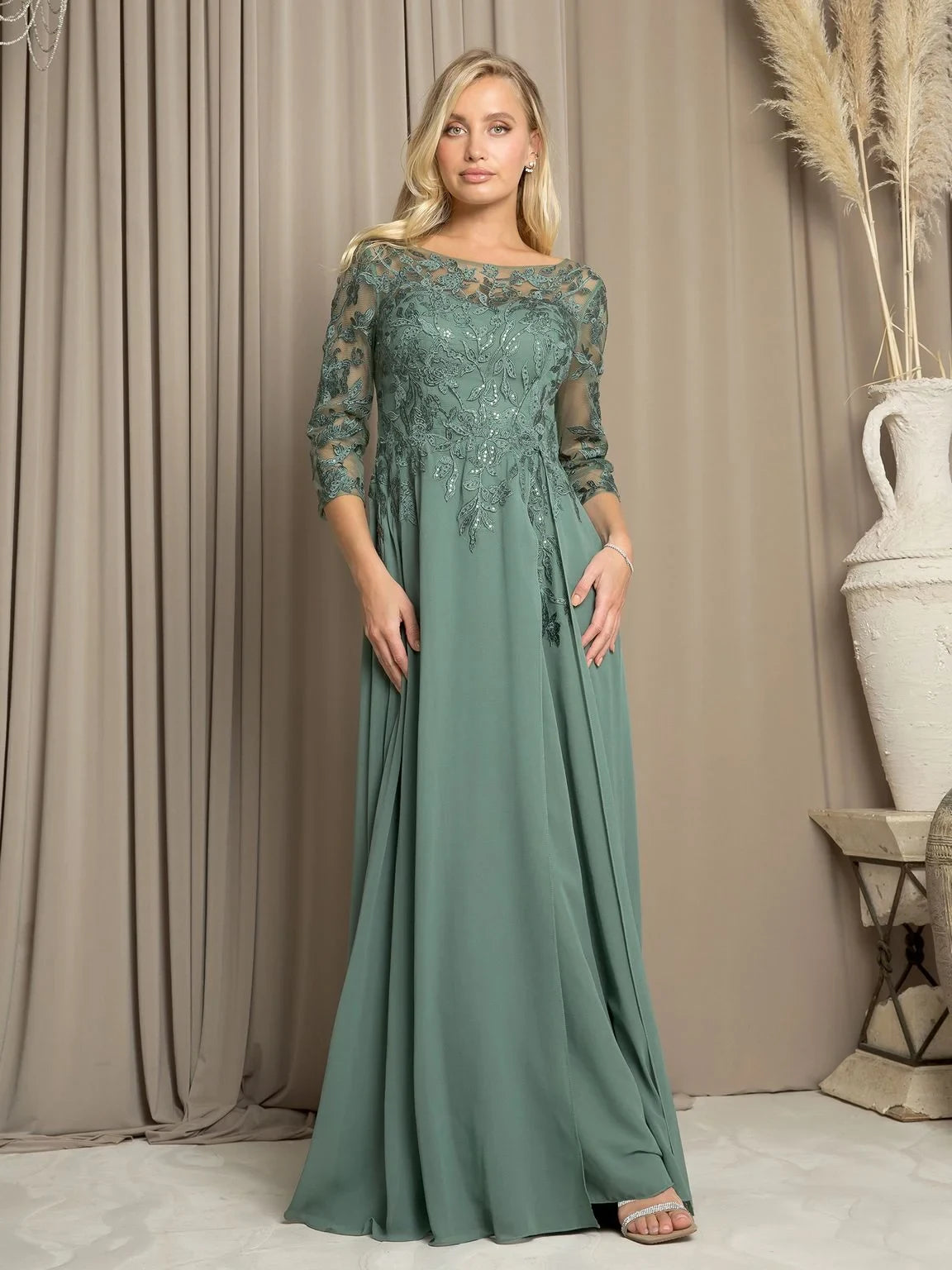 Elegant A-Line Boat Neck Embroidered Sage Green Mother of the Bride Dress
