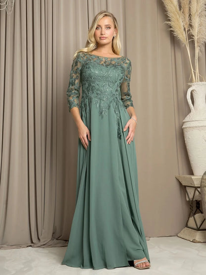 Elegant A-Line Boat Neck Embroidered Sage Green Mother of the Bride Dress
