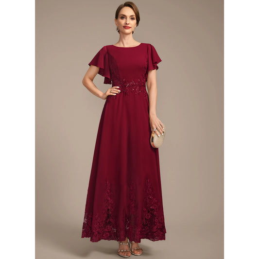 Elegant A-Line Boat Neck Flutter Sleeve Embellished Burgundy Floor Mother of the Bride Gown