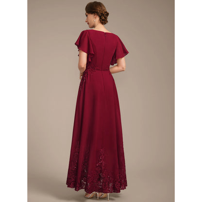 Elegant A-Line Boat Neck Flutter Sleeve Embellished Burgundy Floor Mother of the Bride Gown