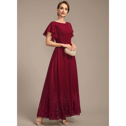 Elegant A-Line Boat Neck Flutter Sleeve Embellished Burgundy Floor Mother of the Bride Gown