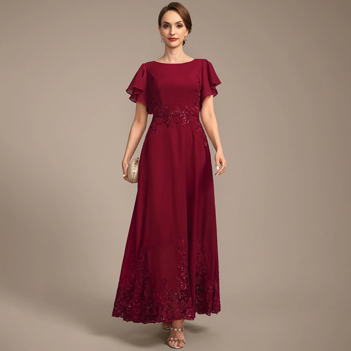 Elegant A-Line Boat Neck Flutter Sleeve Embellished Burgundy Floor Mother of the Bride Gown