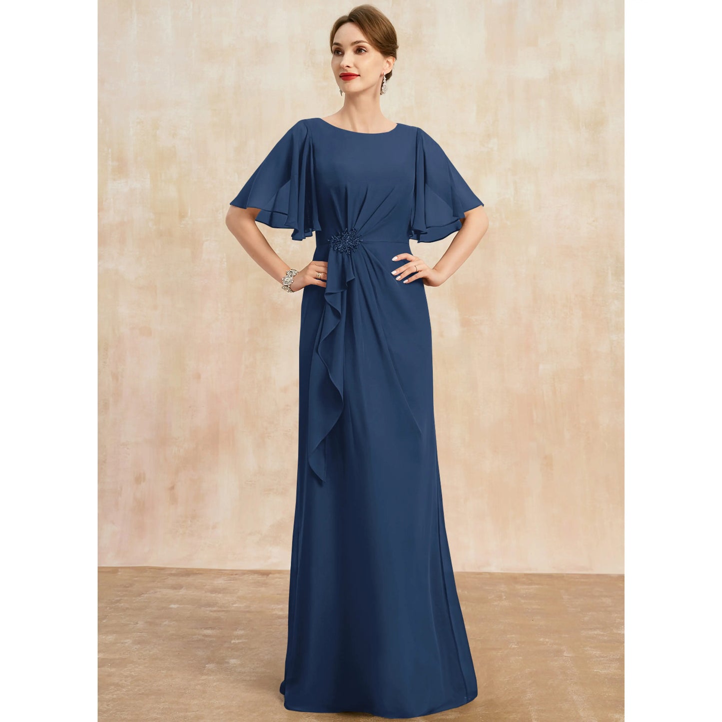 Elegant A-Line Boat Neck Flutter Sleeve Ruched Navy Blue Mother of the Bride Gown