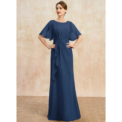 Elegant A-Line Boat Neck Flutter Sleeve Ruched Navy Blue Mother of the Bride Gown