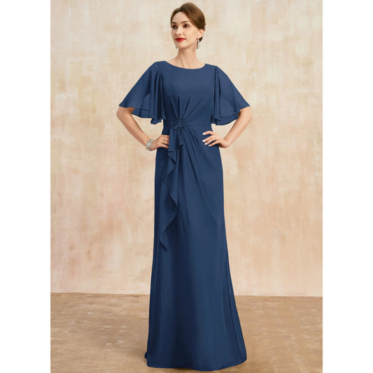Elegant A-Line Boat Neck Flutter Sleeve Ruched Navy Blue Mother of the Bride Gown