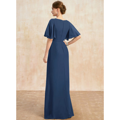 Elegant A-Line Boat Neck Flutter Sleeve Ruched Navy Blue Mother of the Bride Gown
