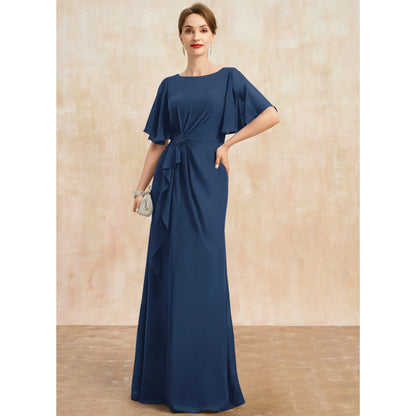 Elegant A-Line Boat Neck Flutter Sleeve Ruched Navy Blue Mother of the Bride Gown