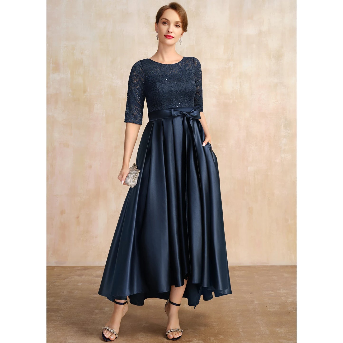 Elegant A-Line Boat Neck Half Sleeve Embellished Navy Mother of the Bride Gown