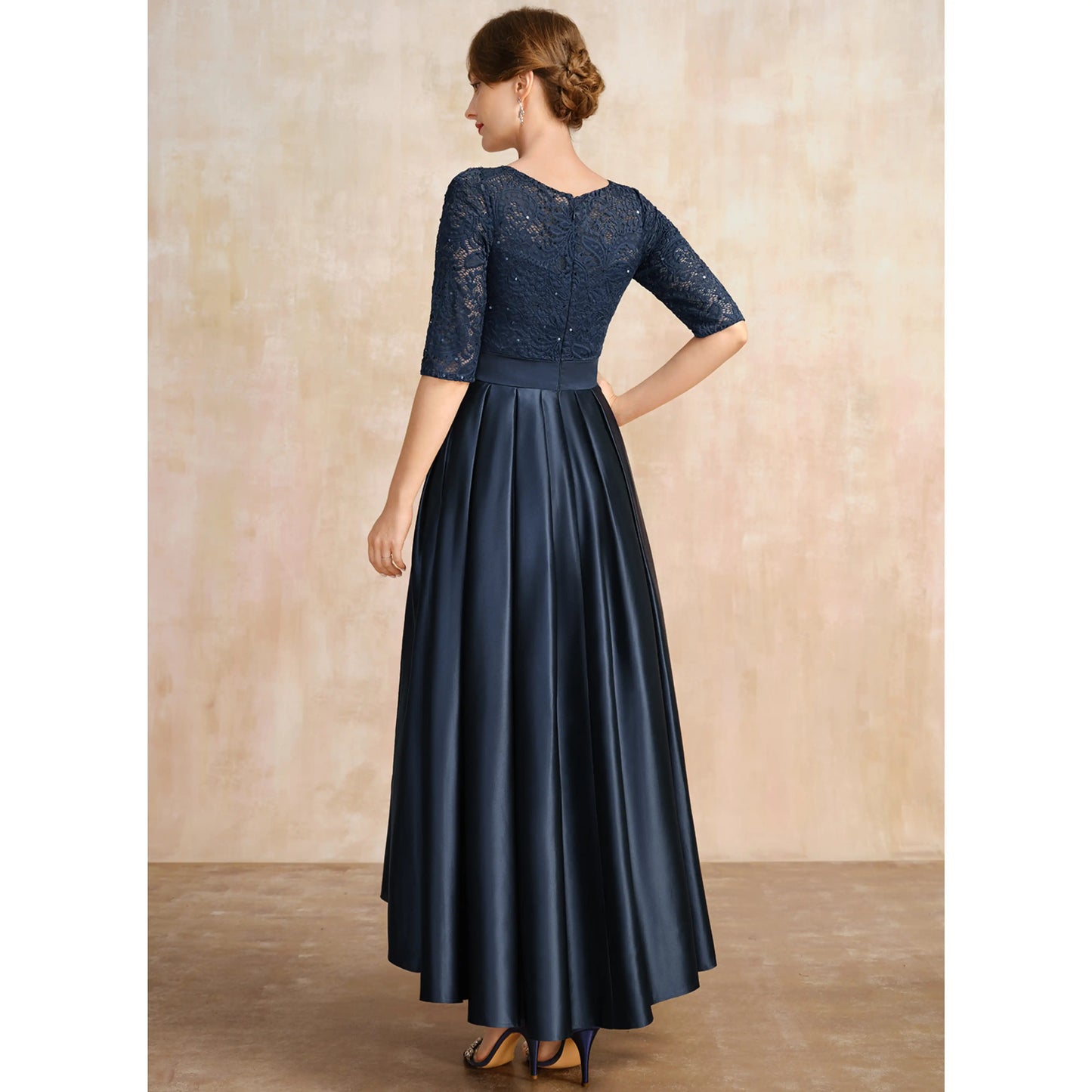 Elegant A-Line Boat Neck Half Sleeve Embellished Navy Mother of the Bride Gown