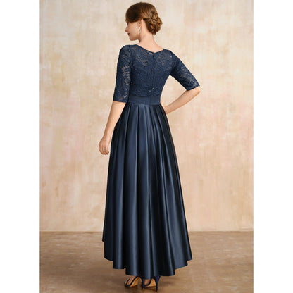 Elegant A-Line Boat Neck Half Sleeve Embellished Navy Mother of the Bride Gown