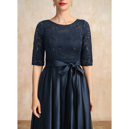 Elegant A-Line Boat Neck Half Sleeve Embellished Navy Mother of the Bride Gown