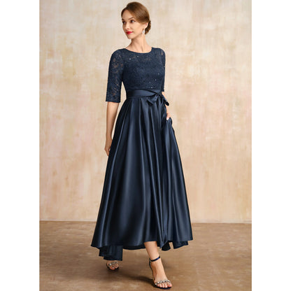 Elegant A-Line Boat Neck Half Sleeve Embellished Navy Mother of the Bride Gown