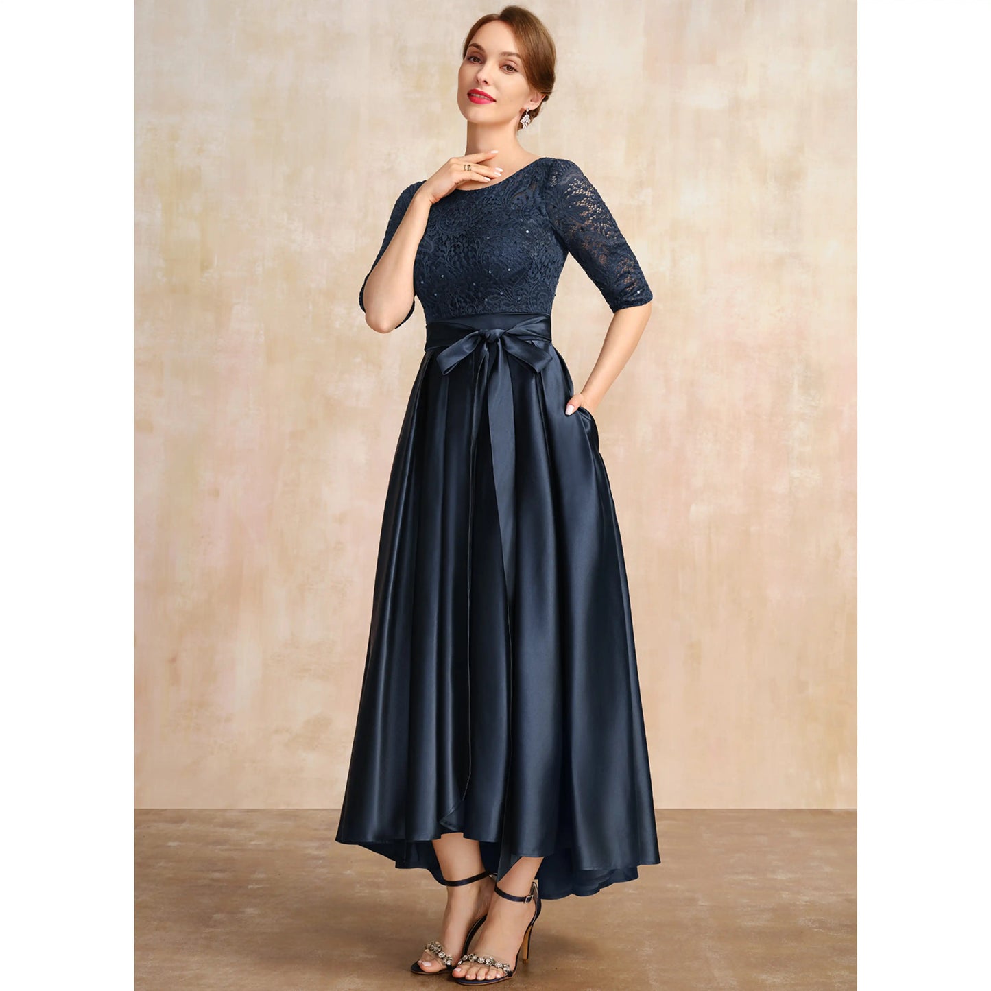 Elegant A-Line Boat Neck Half Sleeve Embellished Navy Mother of the Bride Gown