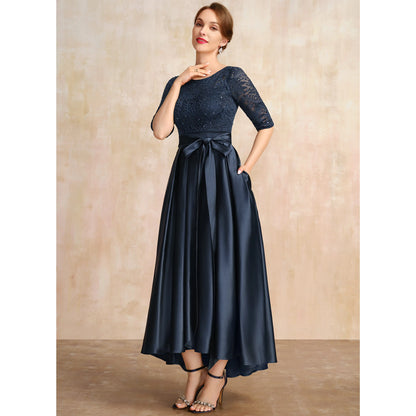 Elegant A-Line Boat Neck Half Sleeve Embellished Navy Mother of the Bride Gown