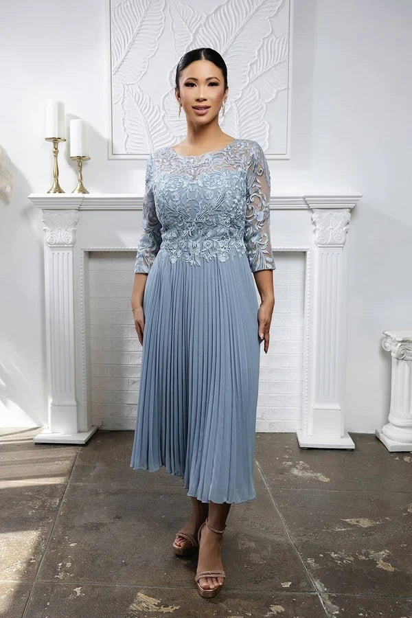 Elegant A-Line Boat Neck Lace Dusty Blue Midi Mother of the Bride Dress