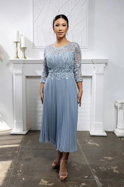 Elegant A-Line Boat Neck Lace Dusty Blue Midi Mother of the Bride Dress