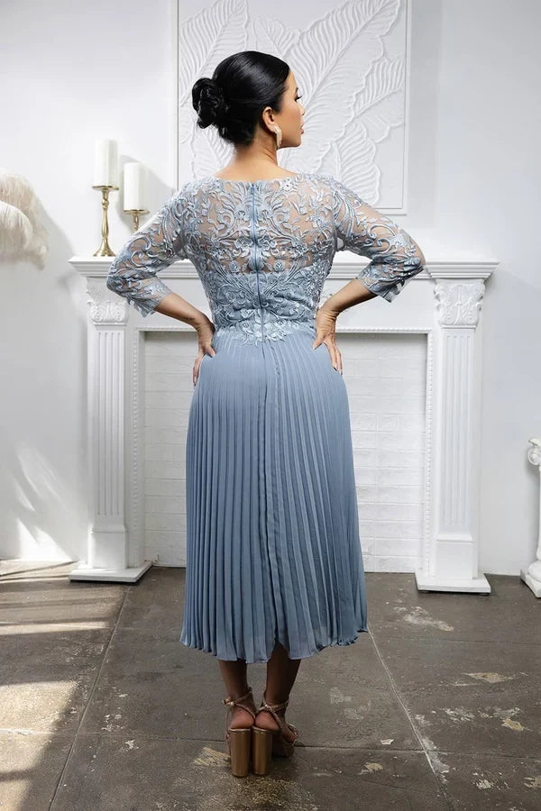 Elegant A-Line Boat Neck Lace Dusty Blue Midi Mother of the Bride Dress