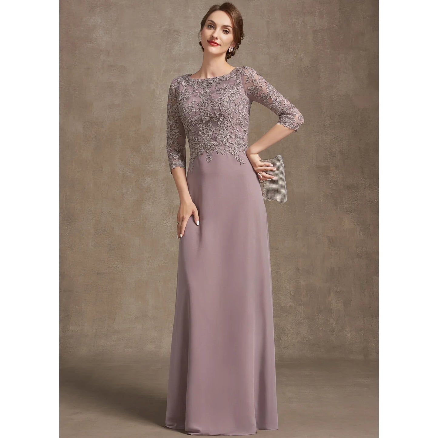 Elegant A-Line Boat Neck Lace Mauve Floor-Length Mother of the Bride Gown