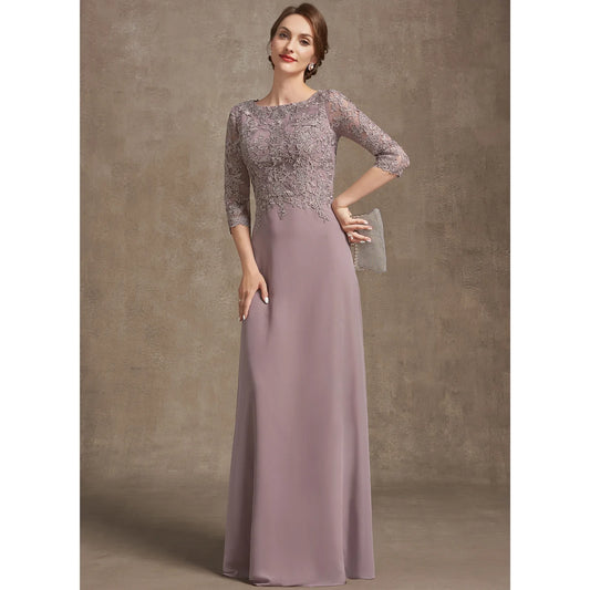 Elegant A-Line Boat Neck Lace Mauve Floor-Length Mother of the Bride Gown