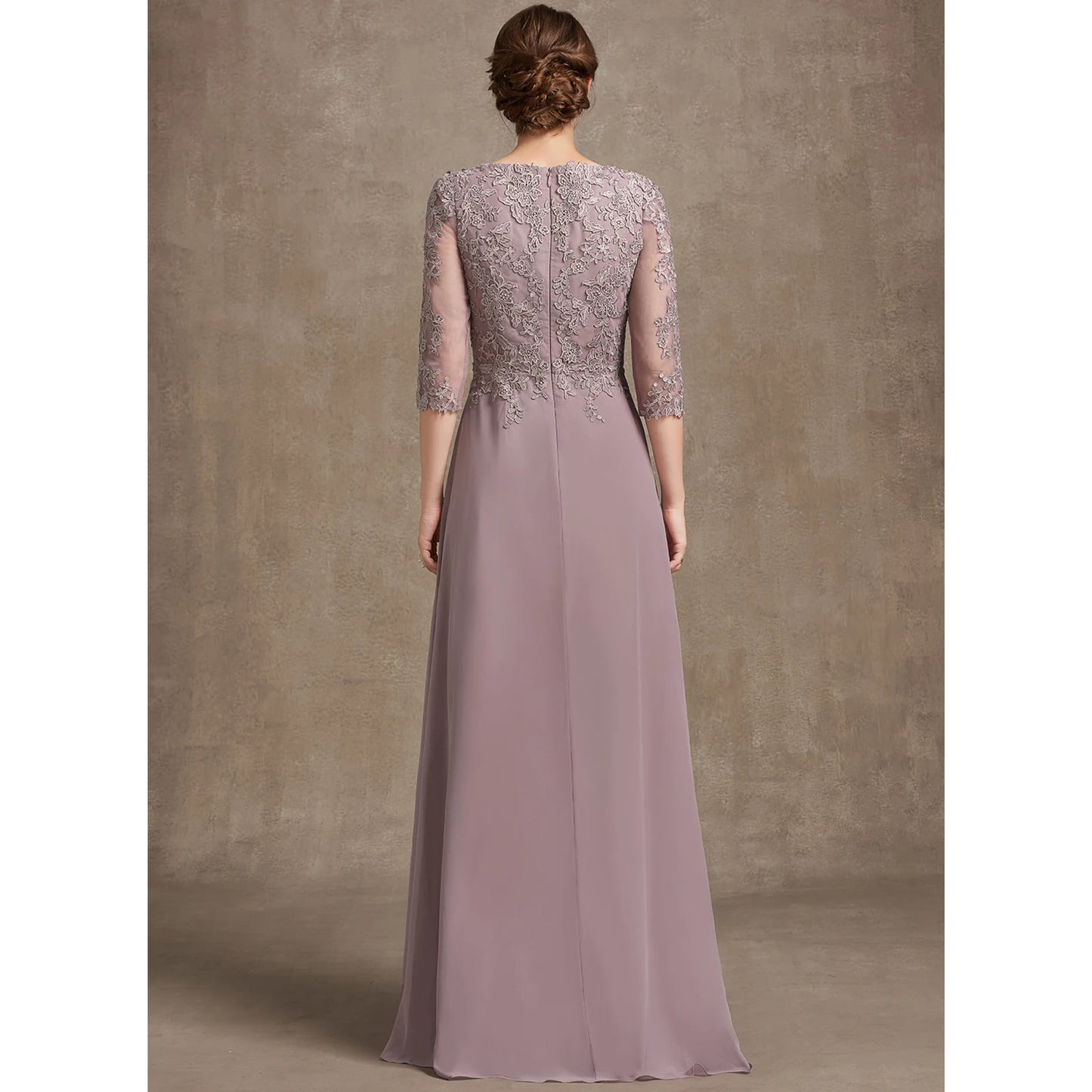 Elegant A-Line Boat Neck Lace Mauve Floor-Length Mother of the Bride Gown
