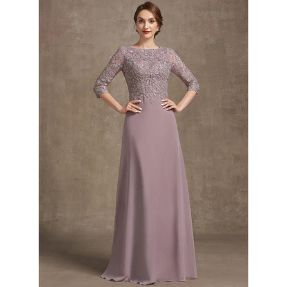 Elegant A-Line Boat Neck Lace Mauve Floor-Length Mother of the Bride Gown