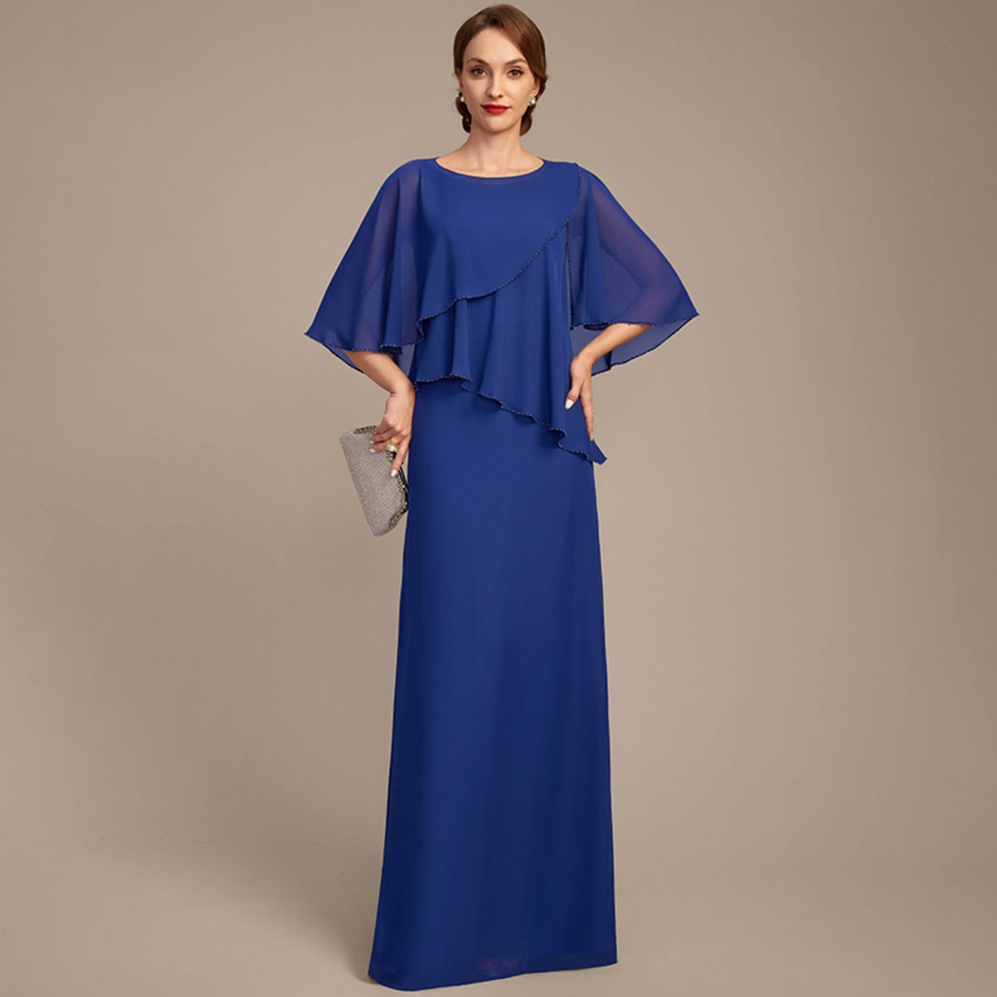 Elegant A-Line Boat Neck Layered Royal Blue Floor-Length Mother of the Bride Gown