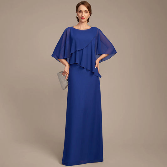 Elegant A-Line Boat Neck Layered Royal Blue Floor-Length Mother of the Bride Gown
