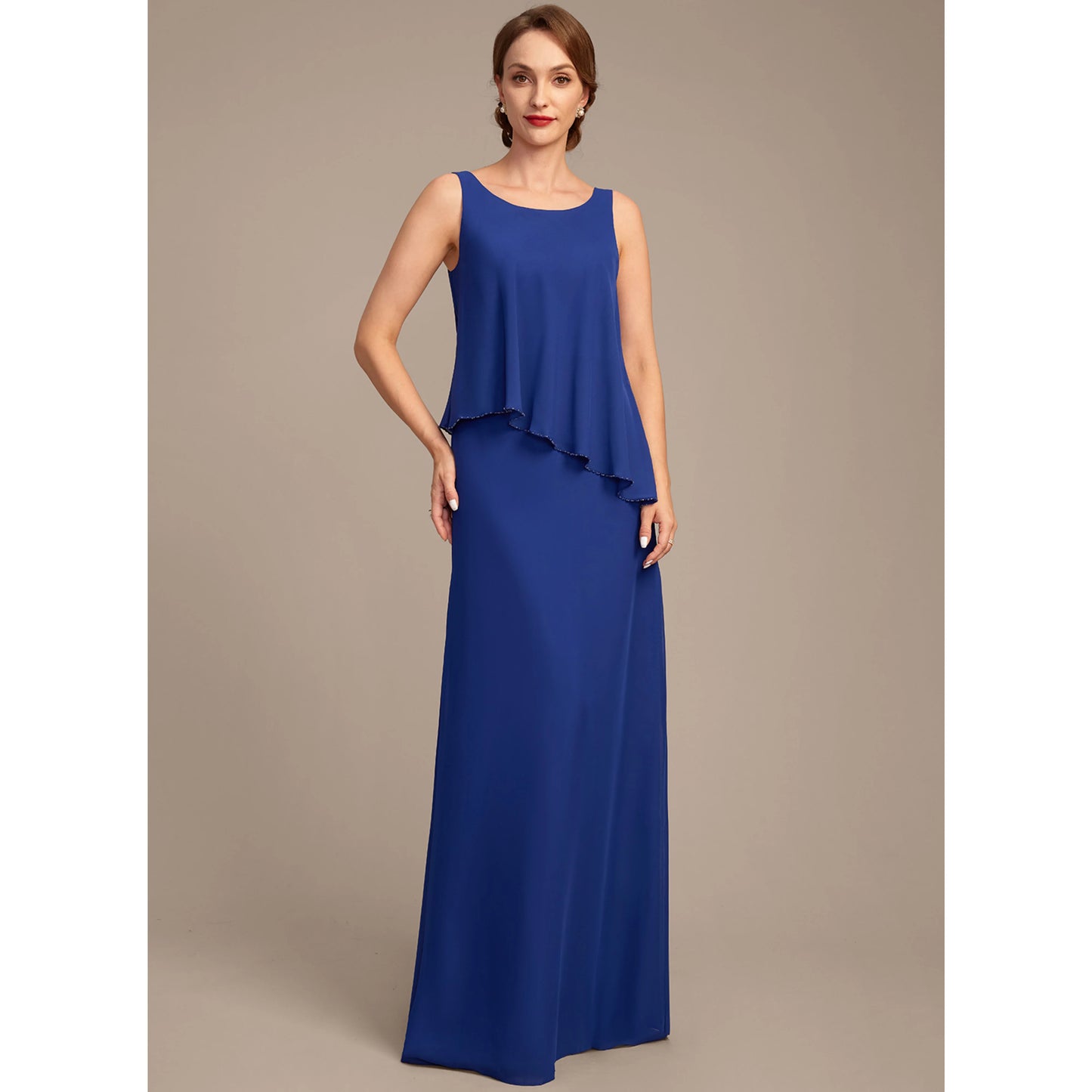 Elegant A-Line Boat Neck Layered Royal Blue Floor-Length Mother of the Bride Gown