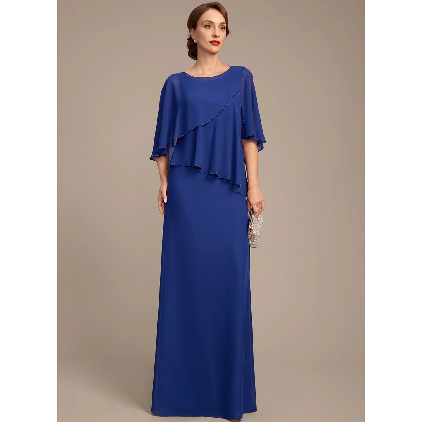 Elegant A-Line Boat Neck Layered Royal Blue Floor-Length Mother of the Bride Gown