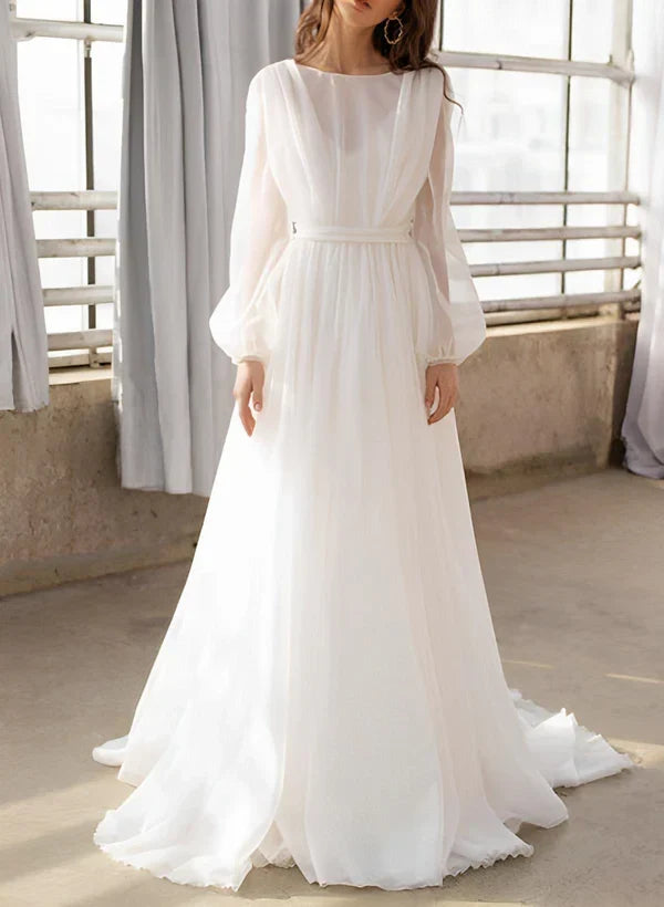 Elegant A-Line Boat Neck Long Sleeve Backless Ivory Floor Length Wedding Gown