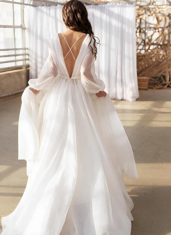 Elegant A-Line Boat Neck Long Sleeve Backless Ivory Floor Length Wedding Gown