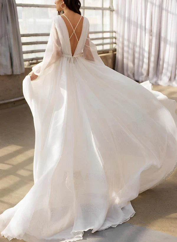 Elegant A-Line Boat Neck Long Sleeve Backless Ivory Floor Length Wedding Gown