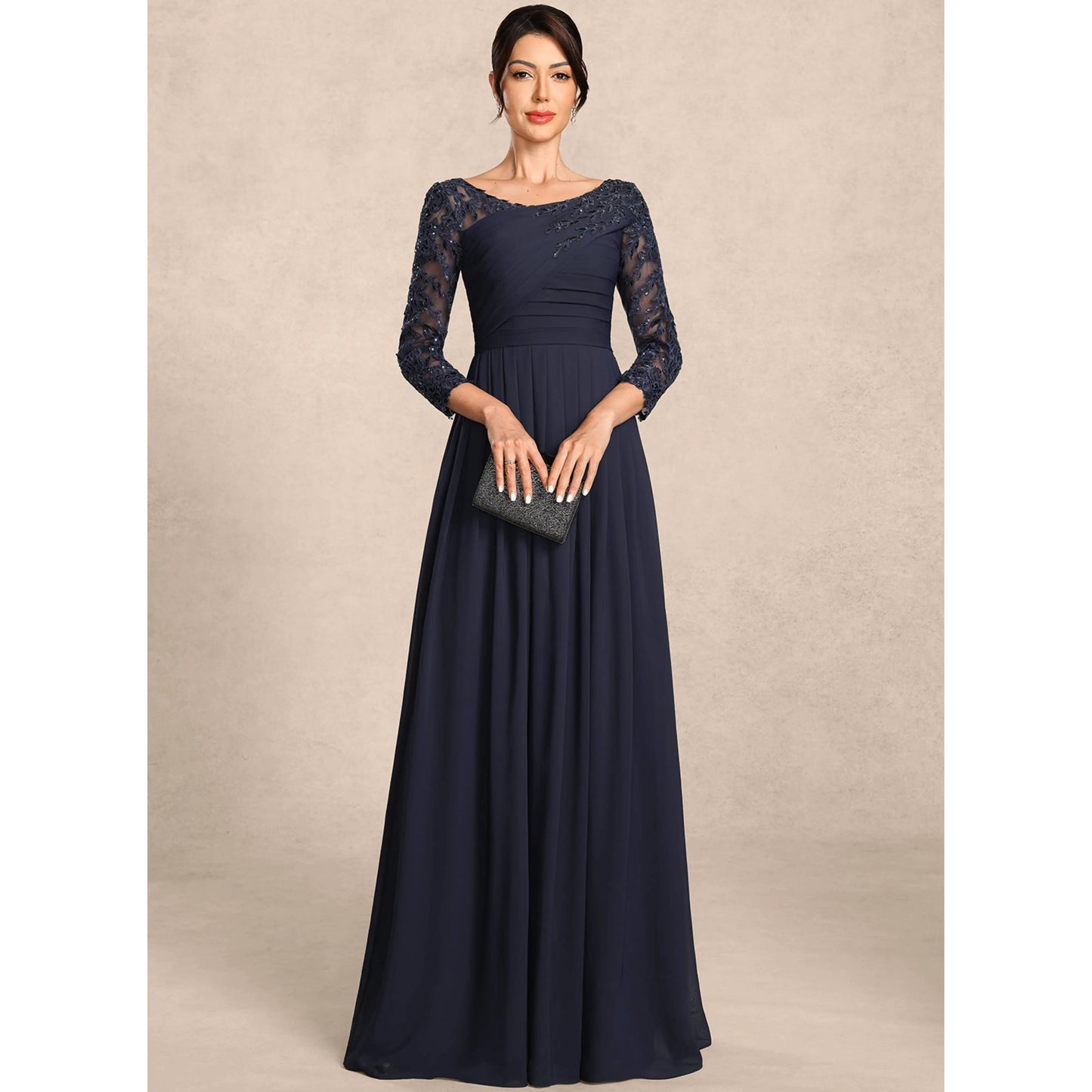 Elegant A-Line Boat Neck Long Sleeve Beaded Navy Mother of the Bride Gown
