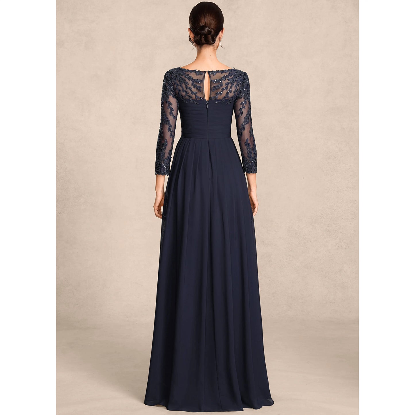 Elegant A-Line Boat Neck Long Sleeve Beaded Navy Mother of the Bride Gown