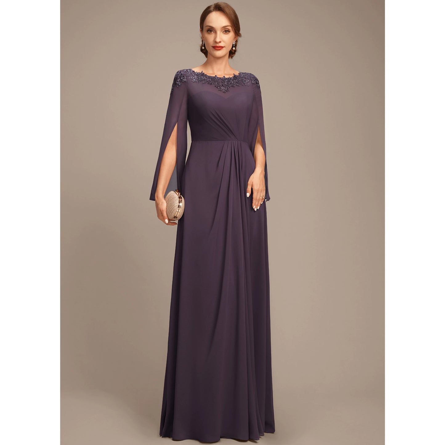 Elegant A-Line Boat Neck Long Sleeve Beaded Plum Mother of the Bride Gown